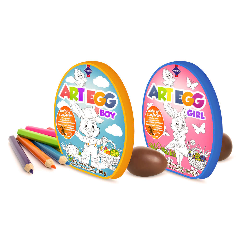 Art Egg 160 g, jajka z czekolady mlecznej nadziewane kremem mlecznym oraz waniliowym