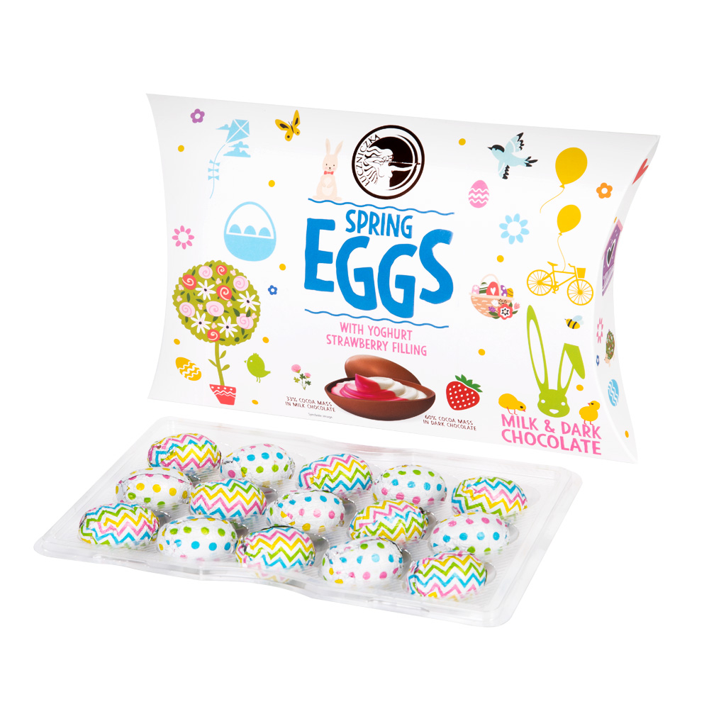 Spring Eggs, jajeczka z czekolady mlecznej i deserowej z nadzieniem jogurtowo - truskawkowym 150 g