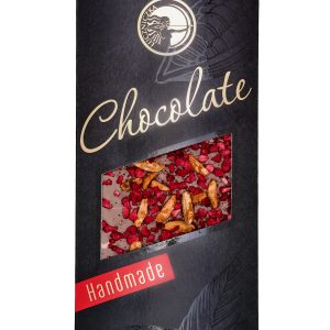 Czekolada mleczna z liofilizowanymi malinami i karmelizowanymi migdałami 100g