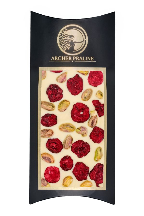 Czekolada biała z pistacją soloną, oraz wiśnią liofilizowaną 100g