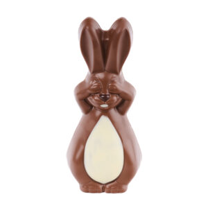 Figurka zajączka z czekolady mlecznej (zasłonięte oczy) ze zdobieniem z czekolady białej i deserowej 150 g
